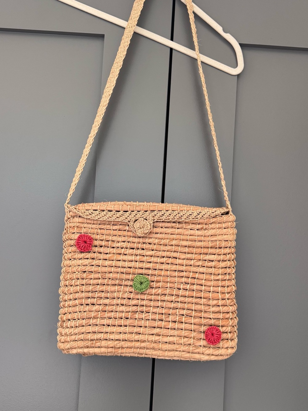 Raffia Straw Crossbody Bag with Colorful Pom Accents